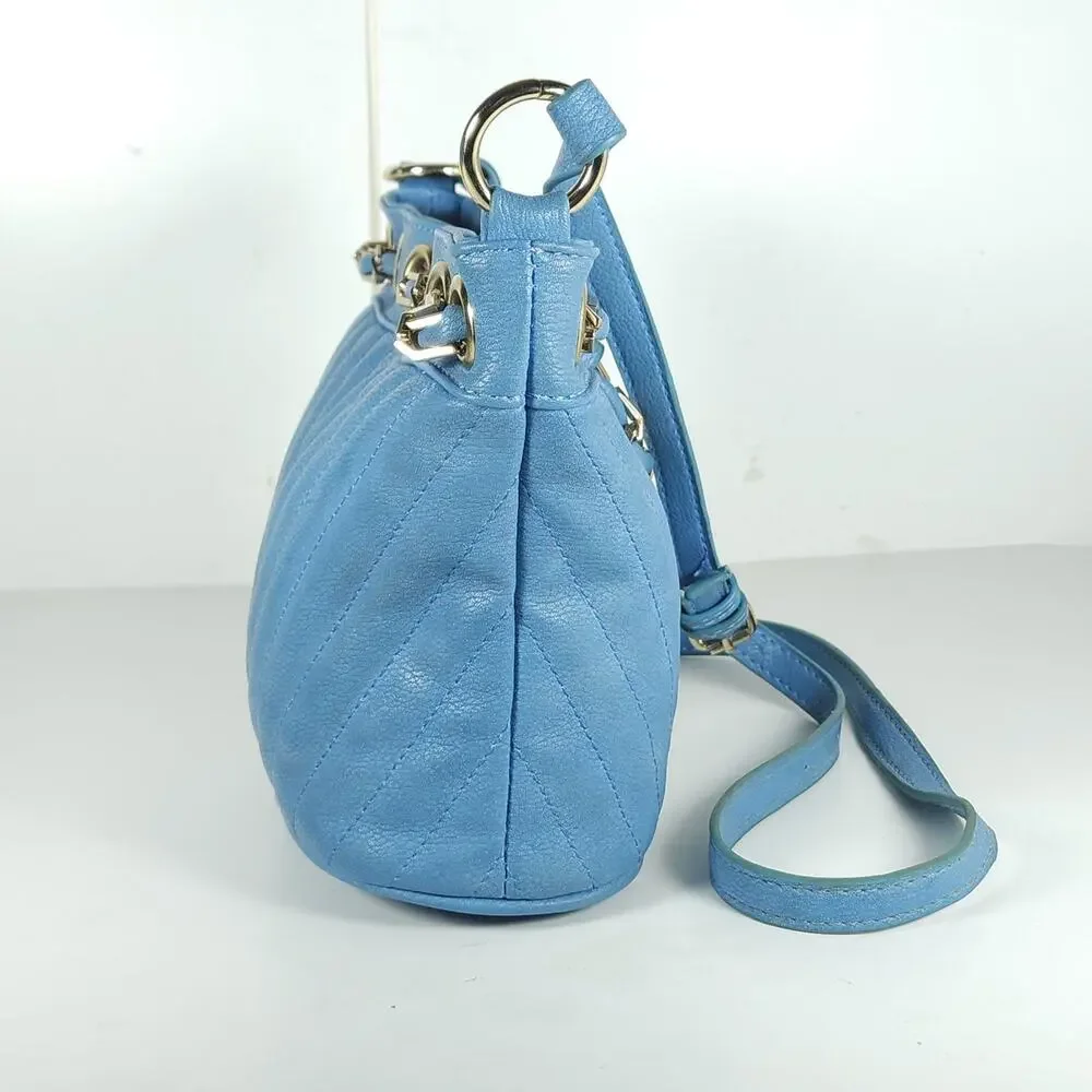 Free People Blue Faux Leather Gold Chain Drawstring Mini Bucket Bag Crossbody